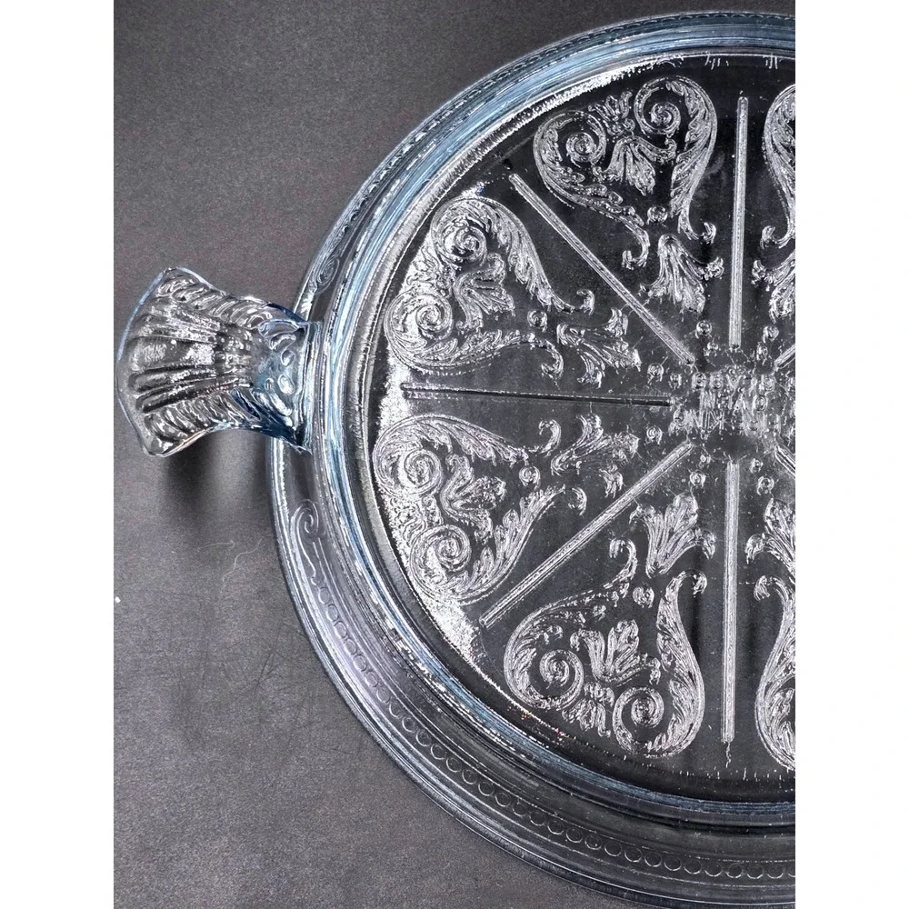 Philbe Sapphire Blue Fire King Glass Serving Dish and Trivet‎ SET Floral Etched